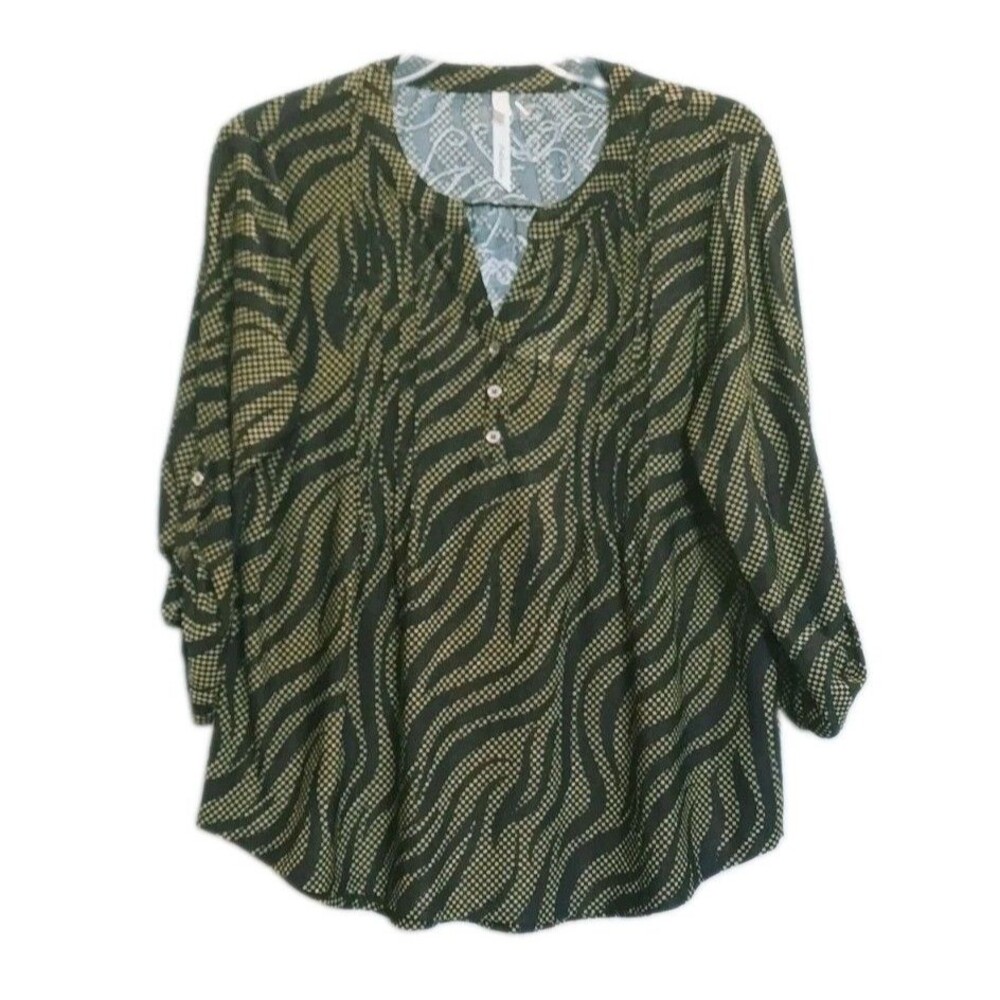 NY Collection Blouse Chartreuse Green Black Zebra Abstract Roll Tab Sleeve Sz XL
